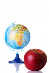 Apple and globe on white background.